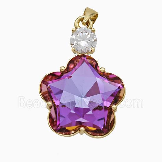 Fuchsia Crystal Glass Flower Pendant Copper Gold Plated
