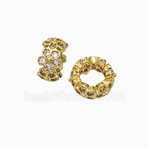 Copper Rondelle Beads Pave Zirconia Flower Gold Plated