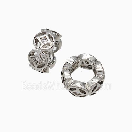 Copper Rondelle Beads Pave Zirconia Large Hole Platinum Plated