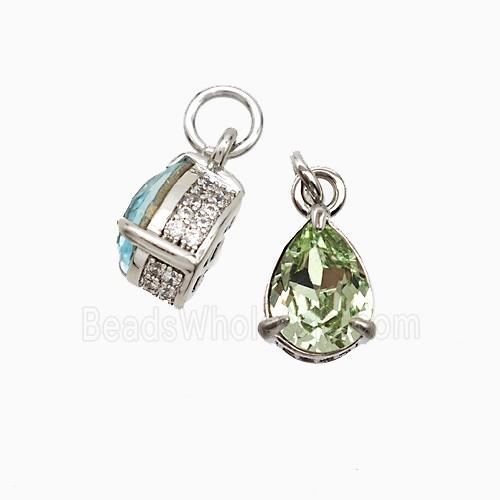 Copper Teardrop Pendant Pave Zirconia Green Crystal Glass Platinum Plated