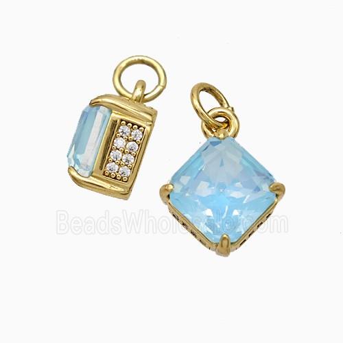 Copper Square Pendant Pave Zirconia Blue Crystal Glass Gold Plated