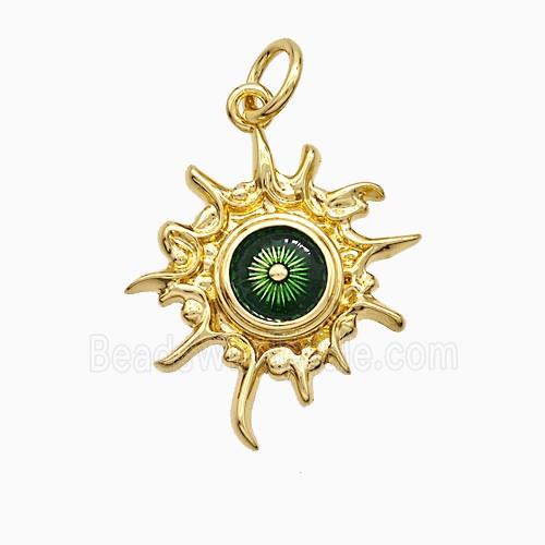 Copper Sun Pendant Green Painted Eye Gold Plated