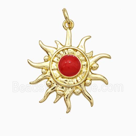 Copper Sun Pendant Red Enamel Gold Plated