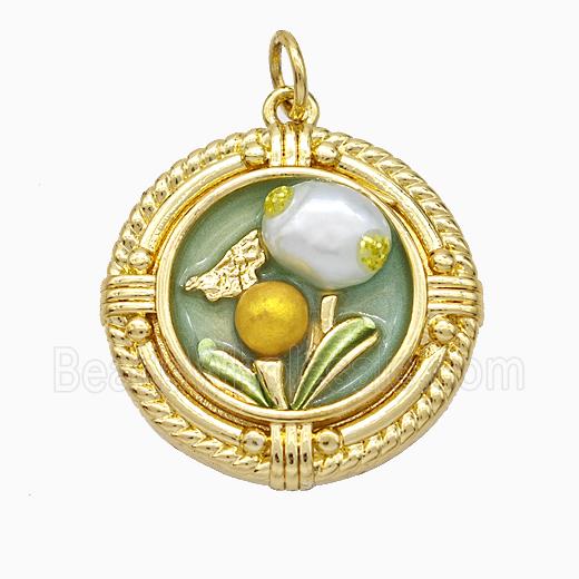 Copper Flower Pendant Pave Resin Painted Gold Plated