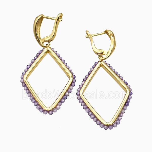 Copper Latchback Earrings Rhombus Crystal Glass Wire Wrapped Gold Plated