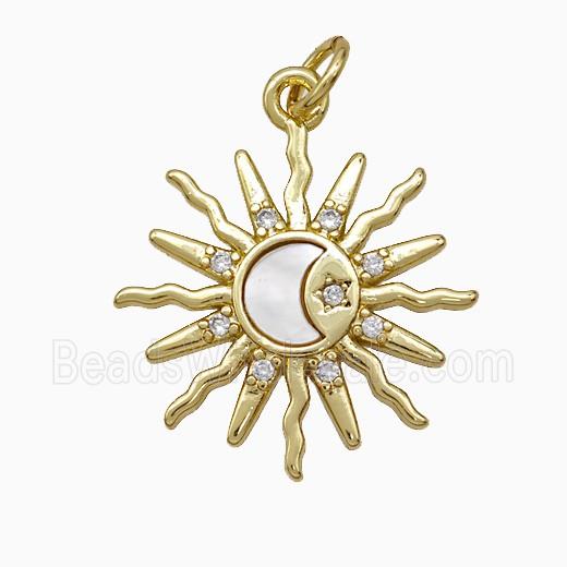 Copper Sun Moon Pendant Pave Zirconia Shell Gold Plated