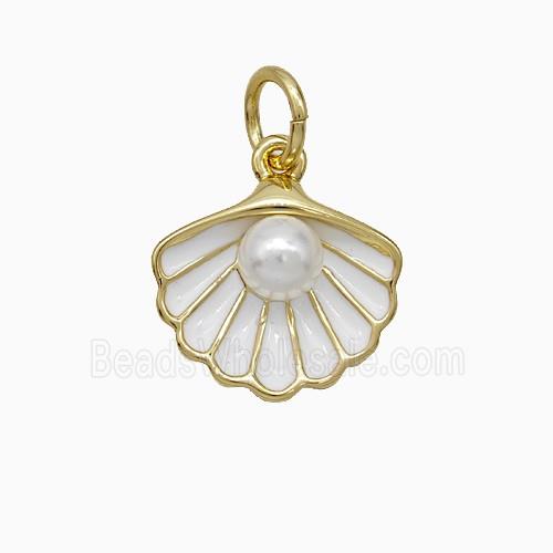 Scallop Shell Charms Copper Pendant Pave Resin White Enamel Gold Plated