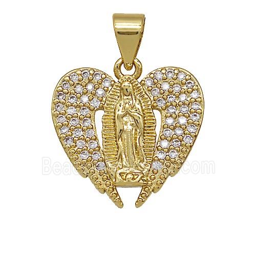 Copper Jesus Heart Pendant Pave Zirconia Angel Wings Gold Plated