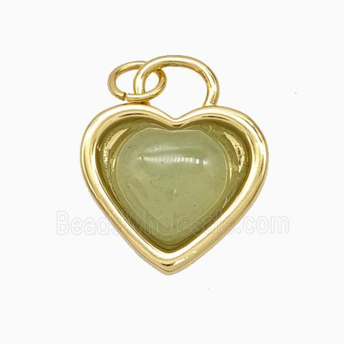 Copper Heart Pendant Pave Green Jade Gold Plated