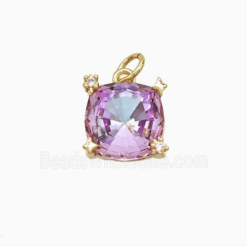 Fuchsia Crystal Glass Square Pendant Copper Gold Plated
