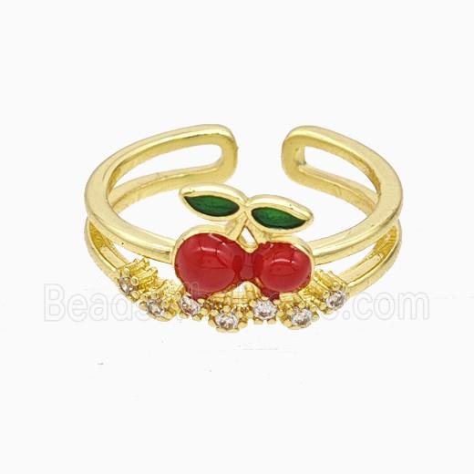 Copper Cherry Rings Pave Zirconia Red Enamel Gold Plated