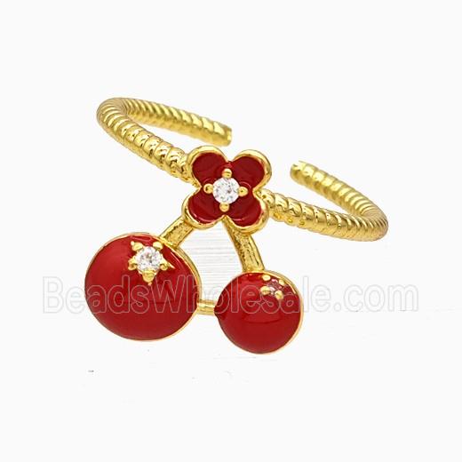 Copper Cherry Rings Pave Zirconia Red Enamel Gold Plated