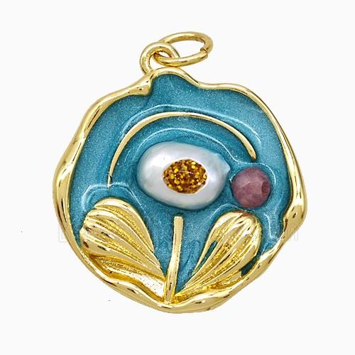 Copper Flower Pendant Teal Painted Gold Plated