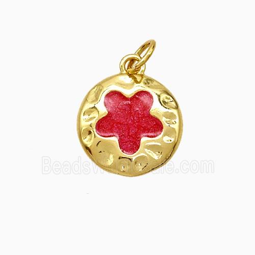 Copper Flower Pendant Red Painted Gold Plated