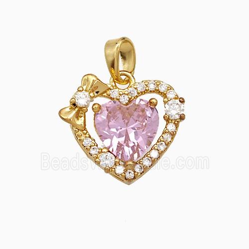 Copper Heart Pendant Pave Zirconia Pink Crystal Glass Gold Plated