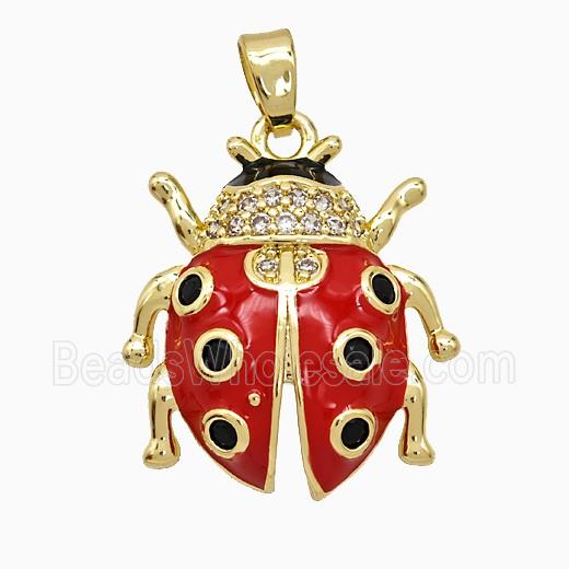 Copper Ladybug Pendant Pave Zirconia Red Enamel Gold Plated