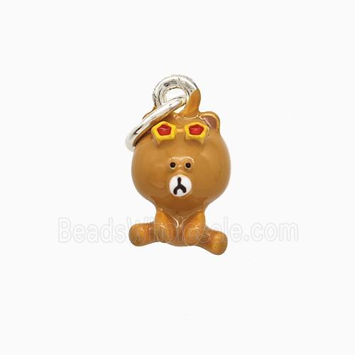 Copper Bear Pendant Brown Enamel Platinum Plated
