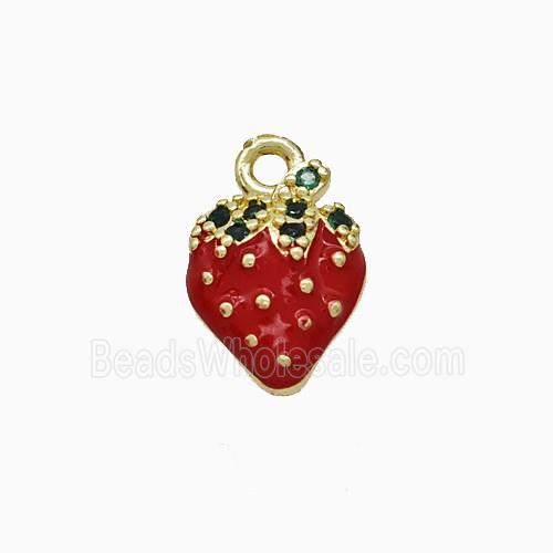 Copper Strawberry Pendant Pave Zirconia Red Enamel Gold Plated
