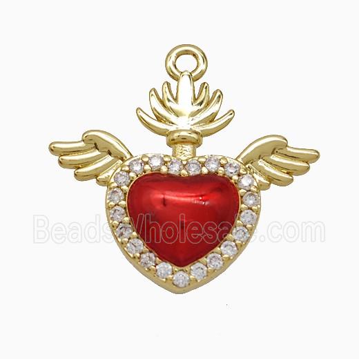 Copper Heart Angel Wings Pendant Pave Zirconia Red Painted Gold Plated