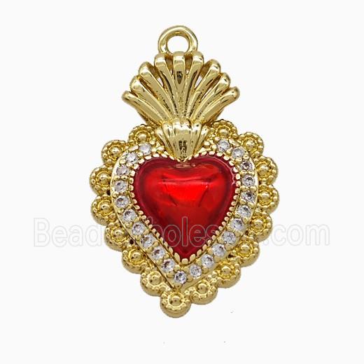 Copper Heart Pendant Pave Zirconia Red Painted Gold Plated