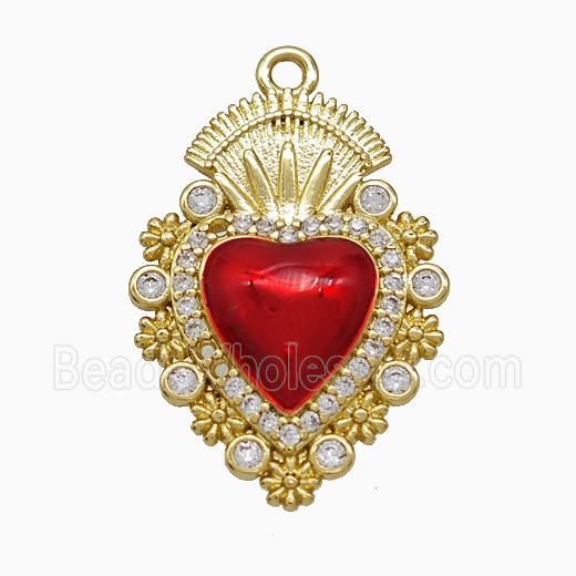 Copper Heart Pendant Pave Zirconia Red Painted Gold Plated