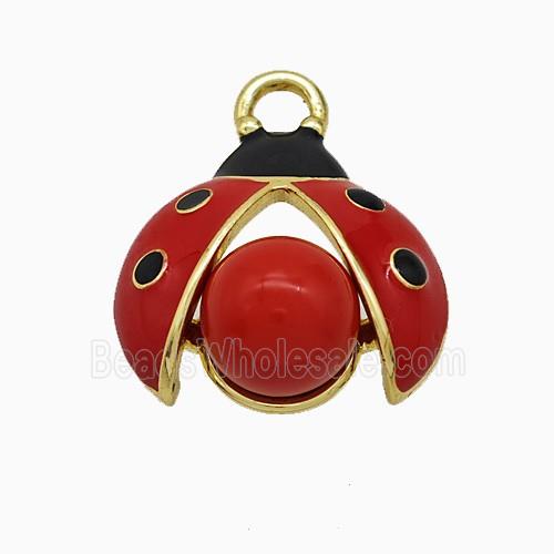 Copper Ladybug Pendant Pave Pearlized Resin Red Enamel Gold Plated