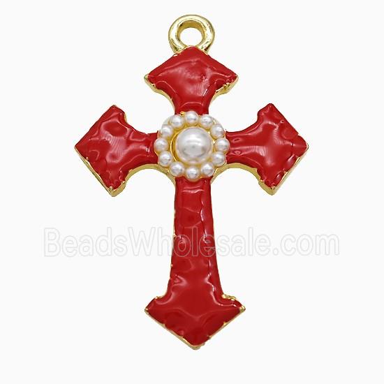 Copper Cross Pendant Pave Pearlized Resin Red Enamel Gold Plated