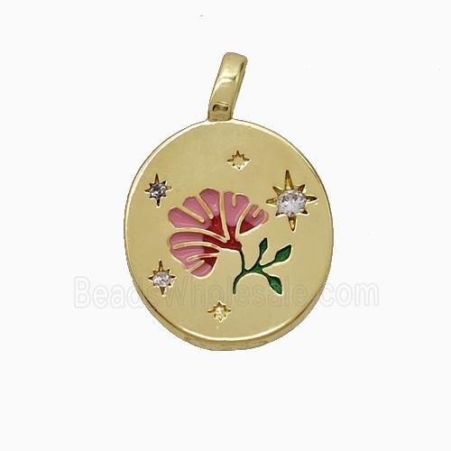 Copper Flower Pendant Pave Zirconia Enamel Gold Plated