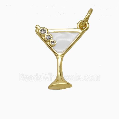 Martini Drink Glass Cup Copper Pendant Pave Zirconia White Enamel Gold Plated
