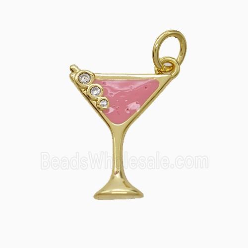 Ice Cream Bottle Drink Cup Copper Pendant Pave Zirconia Pink Enamel Gold Plated