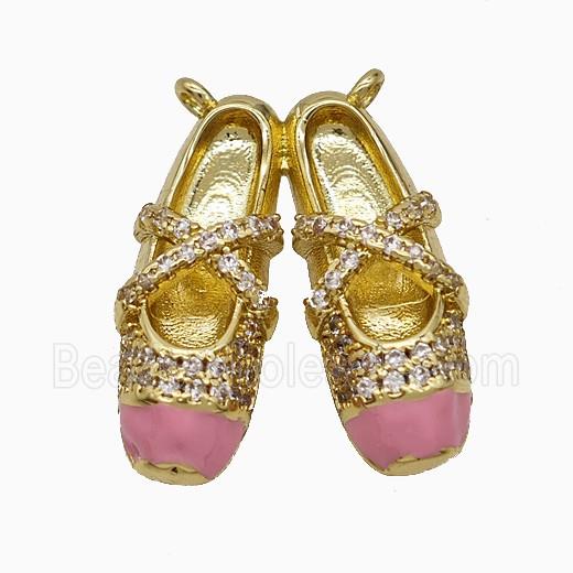 Copper Shoes Pendant Pave Zirconia Pink Enamel Gold Plated