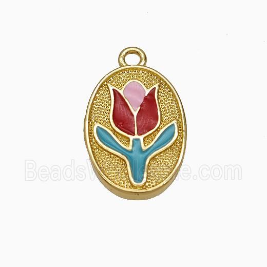Copper Tulip Pendant Multicolor Enamel Flower Oval Gold Plated