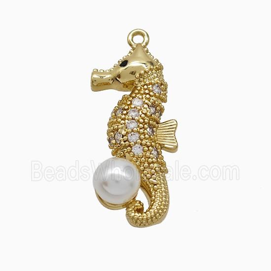 Copper Seahorse Pendant Pave Zirconia Pearlized Resin Gold Plated