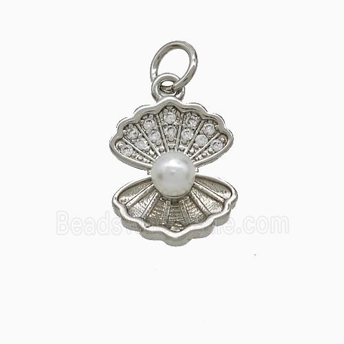 Copper Scallop Shell Pendant Pave Zirconia Pearlized Resin Platinum Plated