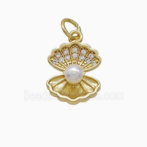 Copper Scallop Shell Pendant Pave Zirconia Pearlized Resin Gold Plated