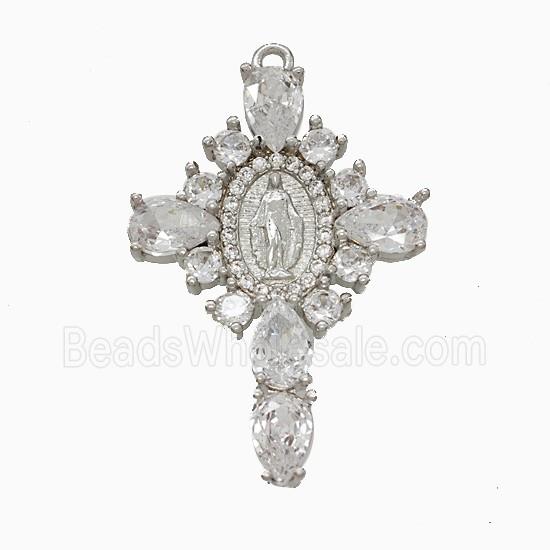Copper Cross Pendant Pave Crystal Glass Virgin Mary Platinum Plated
