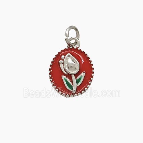 Copper Tulip Pendant Red Enamel Flower Platinum Plated
