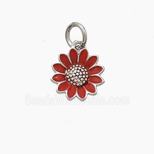 Copper Sunflower Pendant Red Enamel Platinum Plated