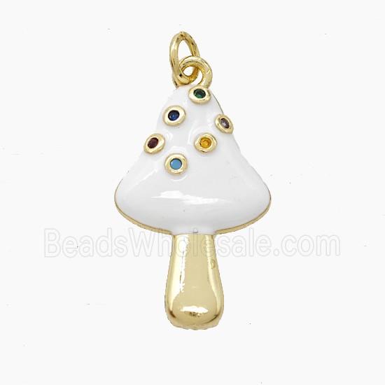 Copper Mushroom Pendant Pave Zirconia White Enamel Gold Plated