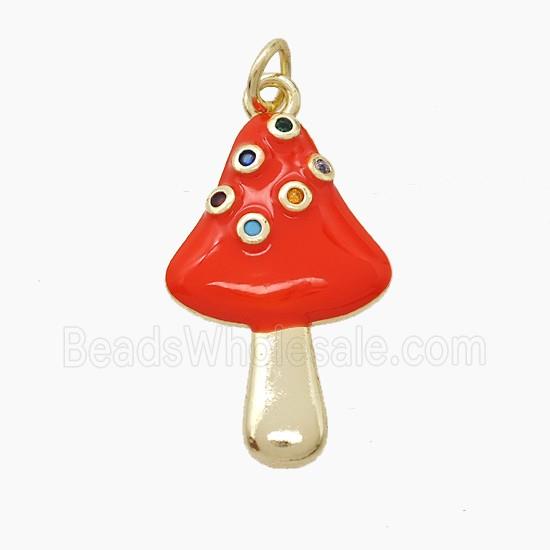 Copper Mushroom Pendant Pave Zirconia Red Enamel Gold Plated