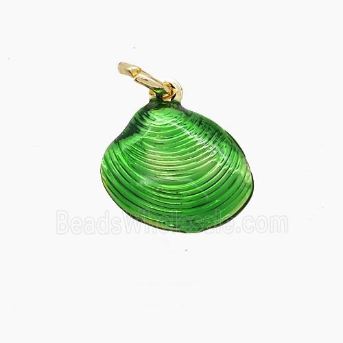 Copper Scallop Shell Pendant Green Painted Gold Plated