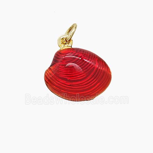 Copper Scallop Shell Pendant Red Painted Gold Plated