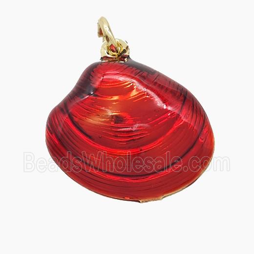 Copper Scallop Shell Pendant Red Painted Gold Plated