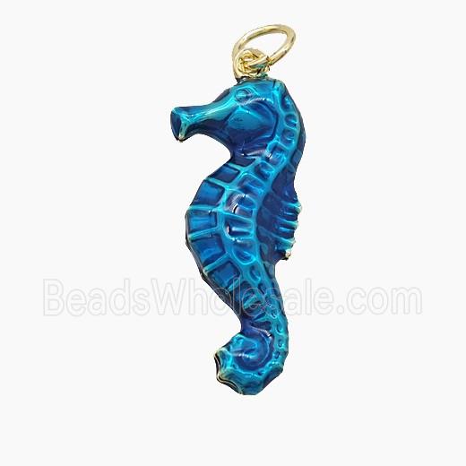 Copper Seahorse Pendant Blue Painted Gold Plated