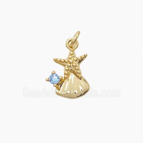 Copper Starfish Scallop Shell Pendant Pave Zirconia Gold Plated