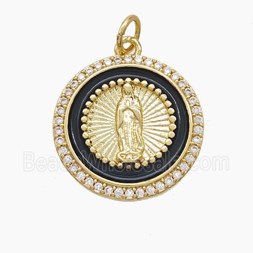 Copper Jesus Pendant Pave Zirconia Black Enamel Gold Plated