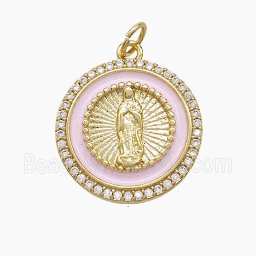Copper Jesus Pendant Pave Zirconia Pink Enamel Gold Plated