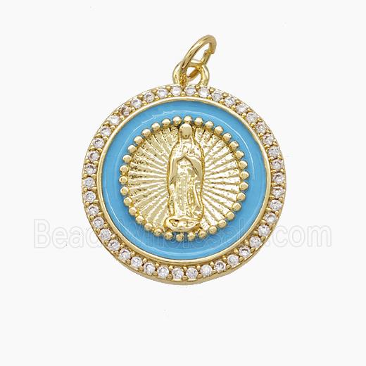 Copper Jesus Pendant Pave Zirconia Blue Enamel Gold Plated