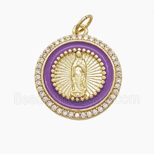 Copper Jesus Pendant Pave Zirconia Purple Enamel Gold Plated