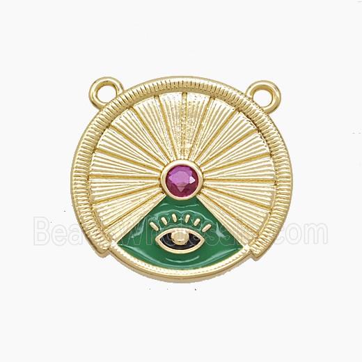 Copper Compass Disc Pendant Pave Zirconia Evil Eye Green Enamel 2loops Gold Plated